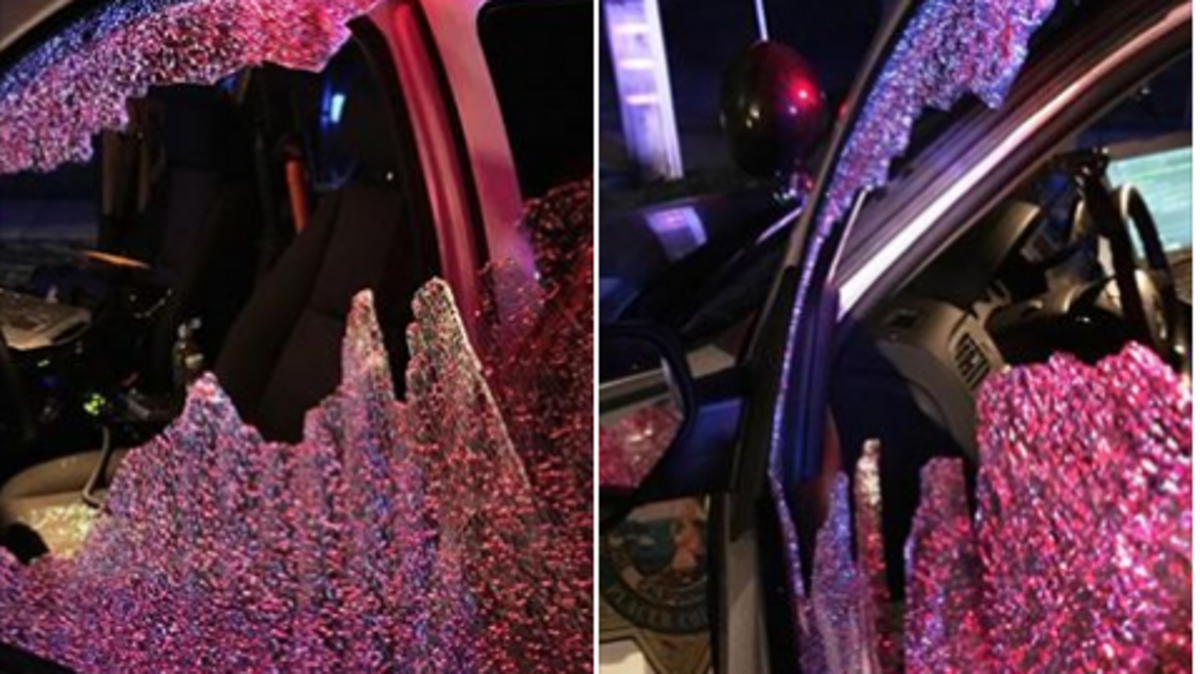 The window of a Placer County sheriff’s patrol car was broken when it was struck by a bottle thrown from a vehicle filled with juveniles reportedly out looking for clowns.