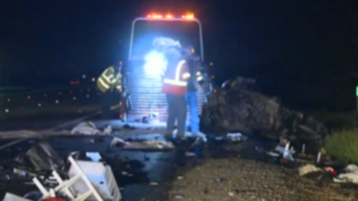 An image from video shows the debris from a pickup truck that collided head-on with a car on Interstate 5 near Zamora.