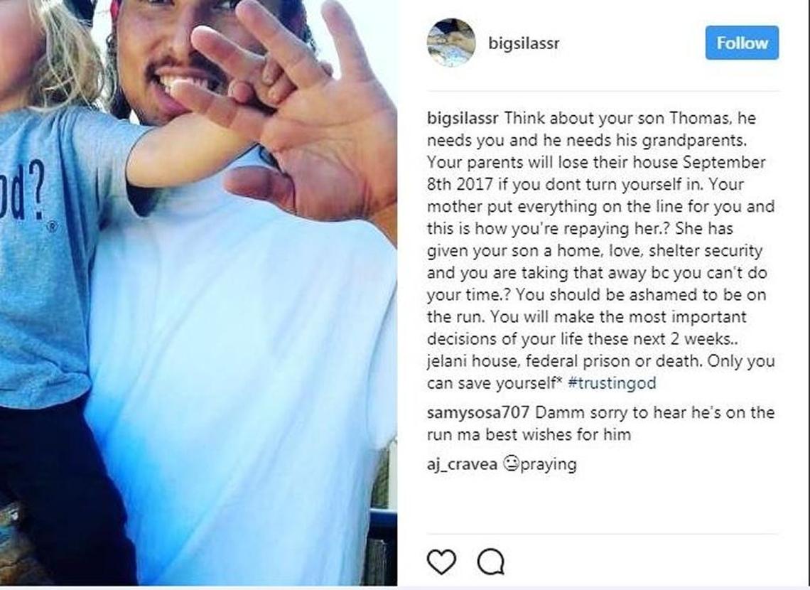 An unidentified poster admonishes Thomas Littlecloud on Instagram. Littlecloud is pictured here with his son.