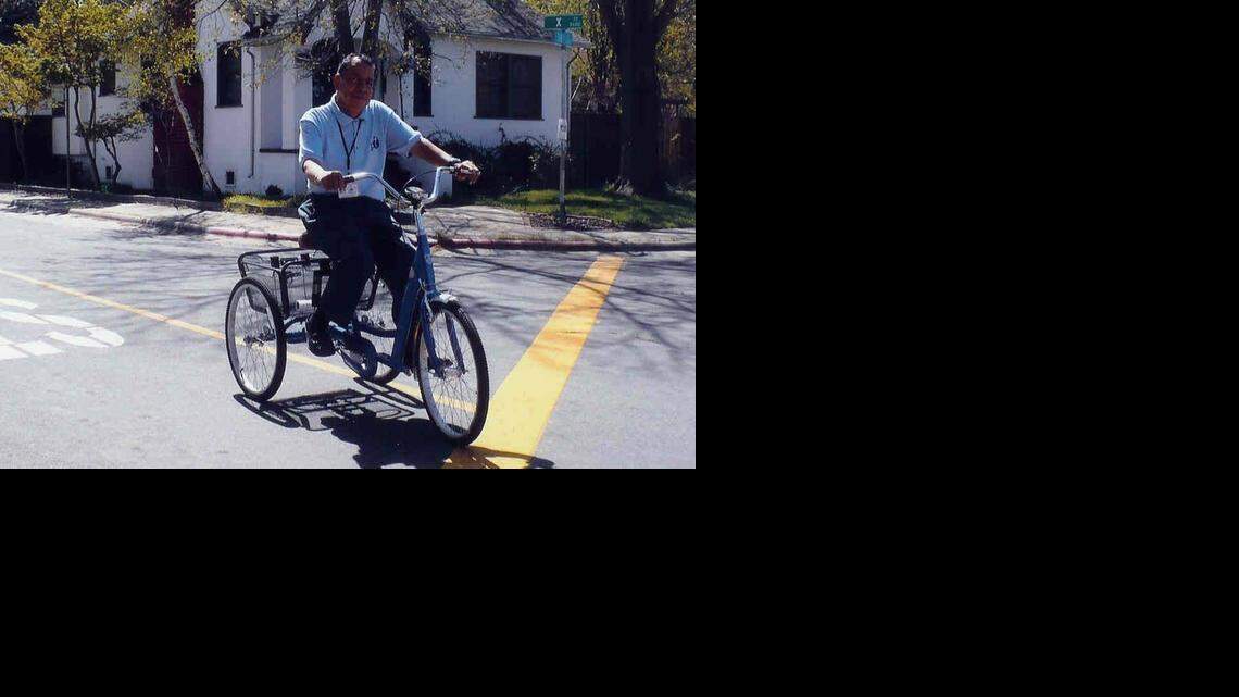 
Raymundo Lujan, 70, is seen riding his three-wheeled bicycle in an undated photo. The longtime Oak Park resident and community leader had his bike stolen outside the Old Soul coffee shop on Thursday, March 19, 2015.
