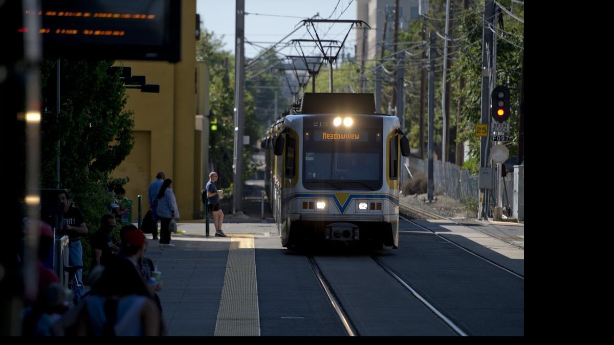 
A regional transit train arrives at the 16th Street station on Tuesday, April 10, 2014 at AT&T Park in Sacramento, Calif. 
