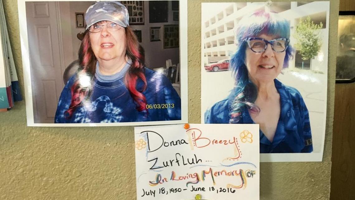 Photos of Donna “Breezy” Zurfluh are pinned to the wall behind the register at Perko’s Farm Fresh cafe in Antelope. Before her death, Zurfluh regularly had breakfast at Perko’s following her marathon early morning walks.
