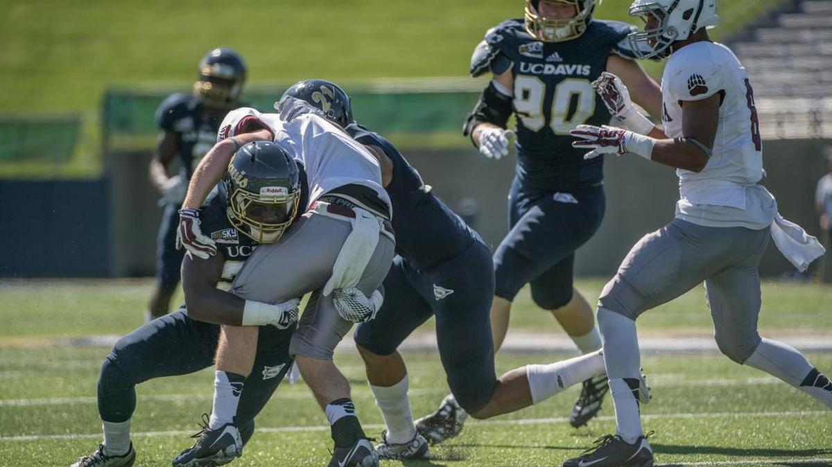 UC Davis cornerback Patrick Wells (29) shown tackling a Montana player during their Big Sky Conference showdown on Saturday, Oct. 3, 2015, at Aggie Stadium. Wells, 22, was arrested Saturday on domestic violence, false imprisonment and petty theft charges, according to Dana Topousis, a university spokeswoman.