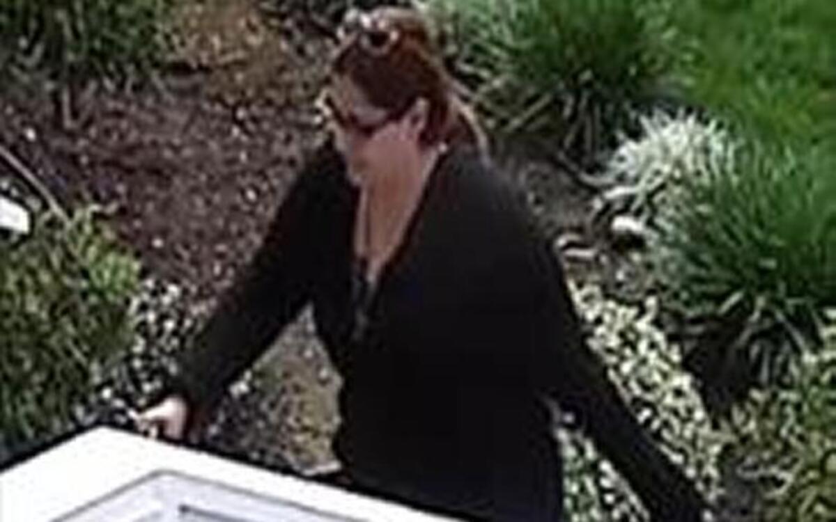 A woman suspected of stealing mail is shown in a surveillance photo approaching the victim’s porch.