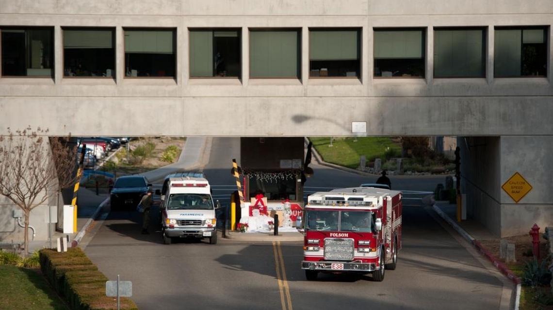 The security entrance at California State Prison, Sacramento, is seen in this file photo. An inmate is suspected in the slaying of his cellmate this week.