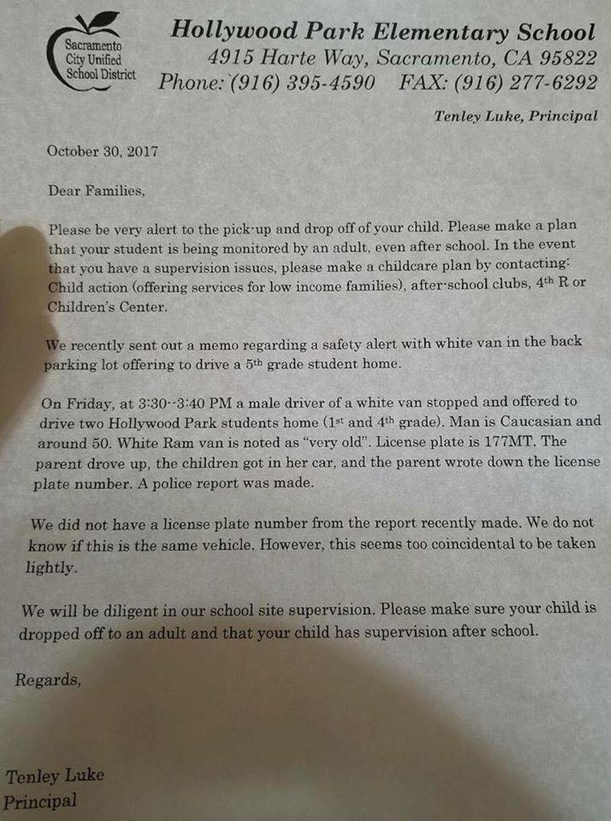 Letter sent Monday to Hollywood Park Elementary School parents.