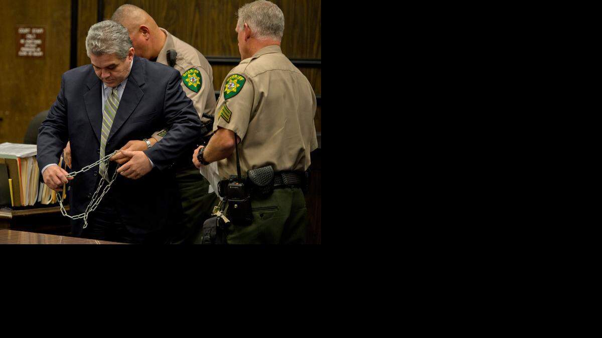 
Todd Winkler is shackled after being found guilty of first-degree murder of his wife, Rachel Winkler, on Tuesday in El Dorado Superior Court in Placerville. He showed no reaction as the verdict was read.

