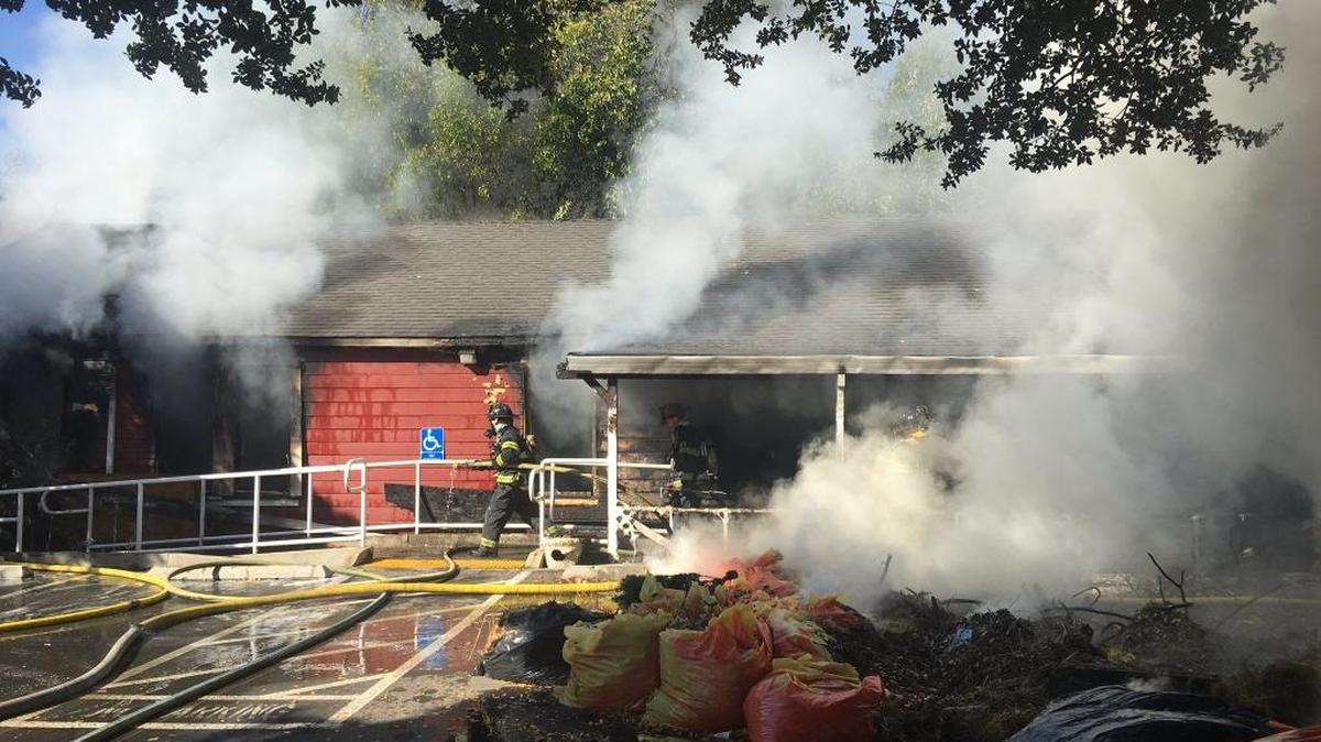 Firefighters battle a blaze at an abandoned building Wednesday morning on Folsom Boulevard. The fire caused an estimated $750,000 worth of damage.