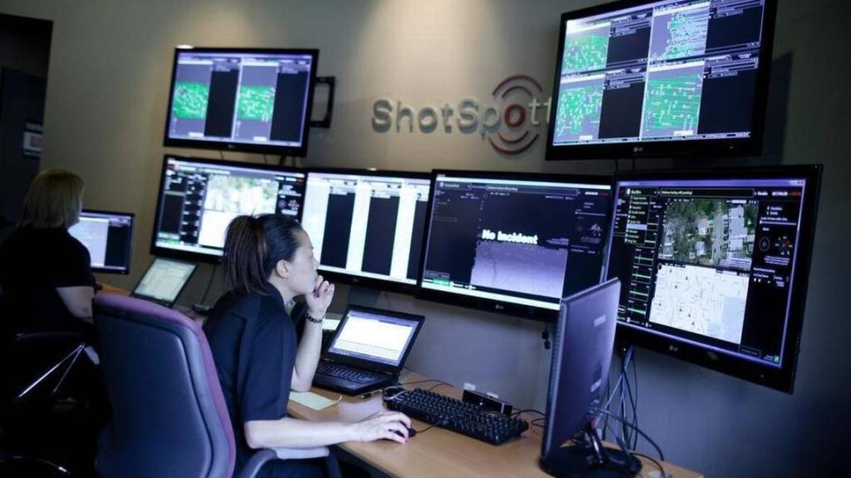 Employees of ShotSpotter monitor screens to look for alerts of gunfire at the company's central monitoring station. The company can locate gunfire seconds after it occurs by triangulating sound picked up by acoustic sensors.