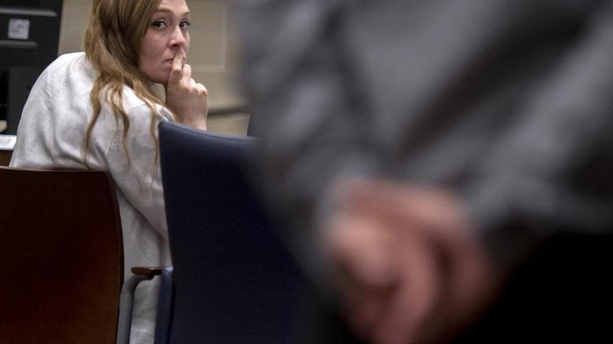 Samantha Green on trial for allegedly killing son Justice Rees looks back at a witness at the Yolo Superior Court room after a day listening to testimony, Aug. 22, 2016 in Woodland, Calif. Justice's body was found in remote Rough Cut Slough near Knights Landing in February, 2015, 20 days after his birth.