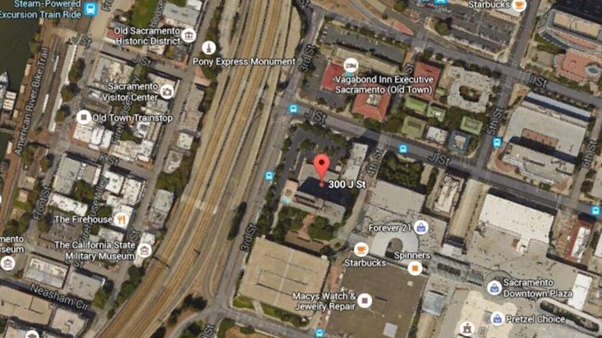 
Google Earth image shows the location of the Holiday Inn at 300 J St.
