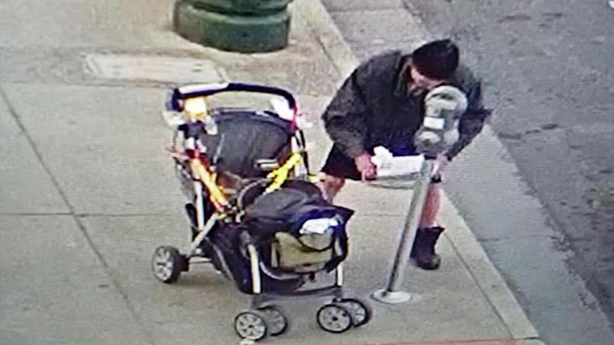 A man caught on a surveillance camera approaches a parking meter with an eye toward stealing it in Stockton. His crime vehicle is a repurposed baby stroller.