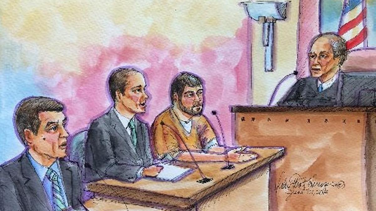 James Malcolm, third from left, in courtroom artist’s representation of June court hearing. Malcolm is seated with Assistant U.S. Attorney Justin Lee, at left; Assistant Federal Defender Benjamin Galloway; and U.S. Magistrate Judge Edmund F. Brennan.