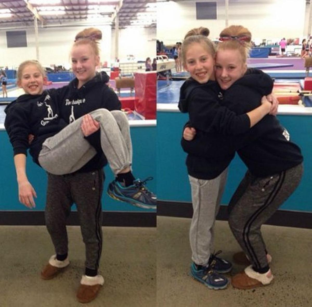 Ashley Wood, left in both photos, was found dead in her home July 19, 2016. She is shown at Technique Gymnastics in Rancho Cordova, where she trained in gymnastics.