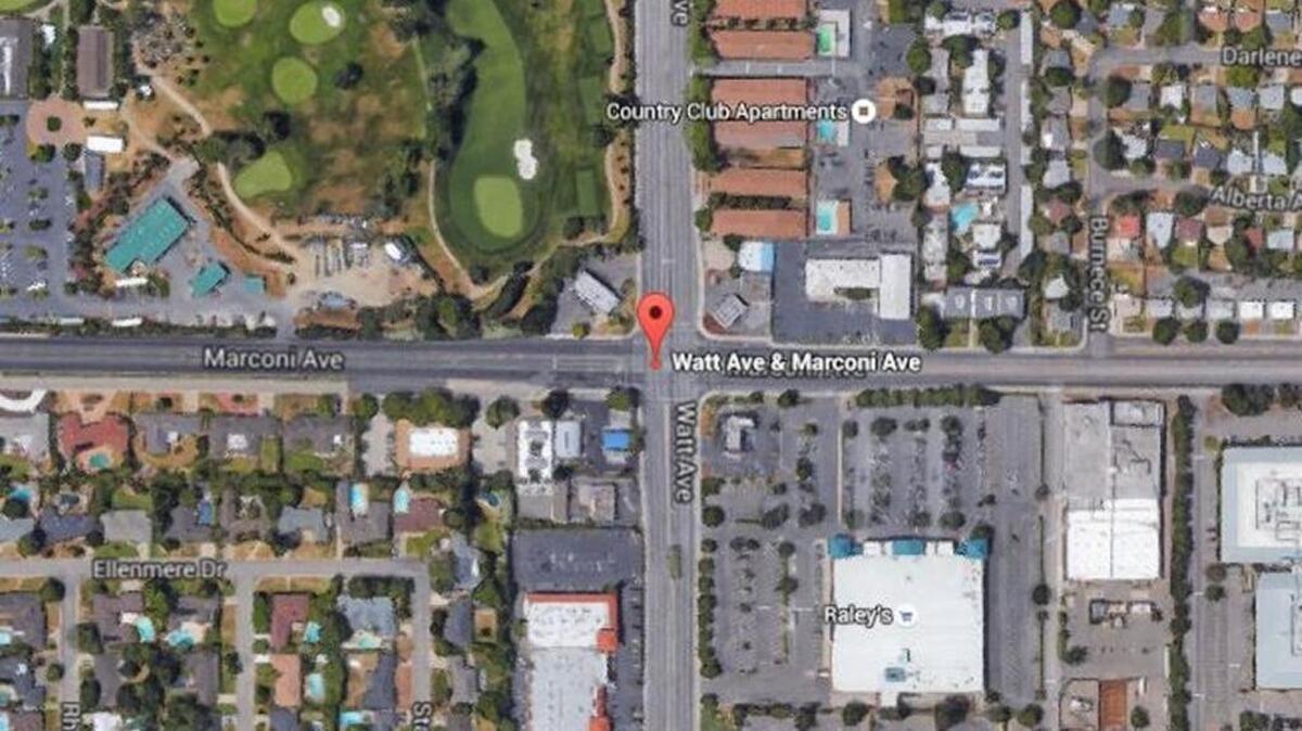 Google Earth image shows approximately where police say a sport utility vehicle was soutbound on Watt Avenue near Marconi Avenue before spinning out of control and striking a pedestrian.
