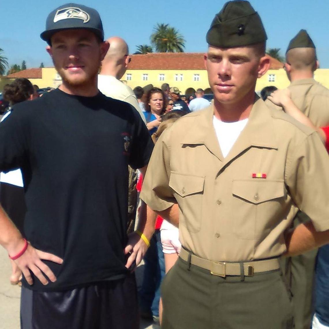 Ryan Harris, right, with his brother Trevor Harris during a Marine boot camp graduation in 2015.