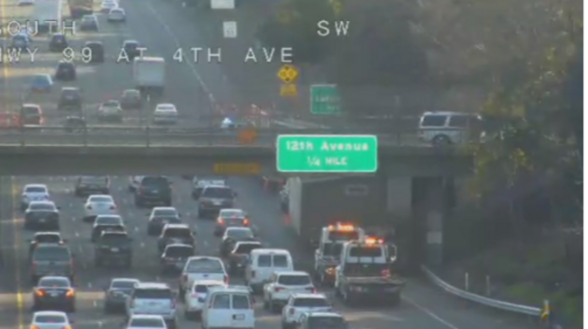A big rig became stuck in an undercrossing on southbound Highway 99 near Fifth Avenue in Sacramento on Tuesday.