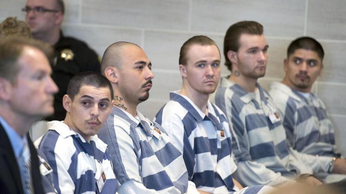 Six suspects, one obscured by his attorney, left, in the fatal Davis bar fight appeared in Yolo County Superior Court on Friday, May 6, 2016 in Woodland, Calif. Carlos Biviescas, Martyn Alex Contreras, Anthony Daniel Rivera, Joseph George Sandeno, Zackary Thomas Sandeno and Victor Manuel Vergara were accused of killing Peter Alexander Gonzales at KetMoRee on Davis' G Street on Sept. 19, 2016. Victor Vergara pleaded guilty to charges including manslaughter in the incident on Jan. 3, 2018.