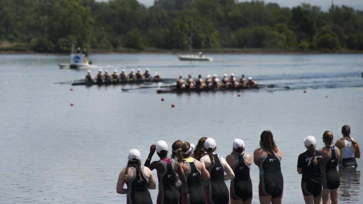 Washington College women cheer on their teammates rowing the Division III Eights Petit Final during the 2016 NCAA National Rowing Championships on Lake Natoma on Saturday, May 26, 2016.