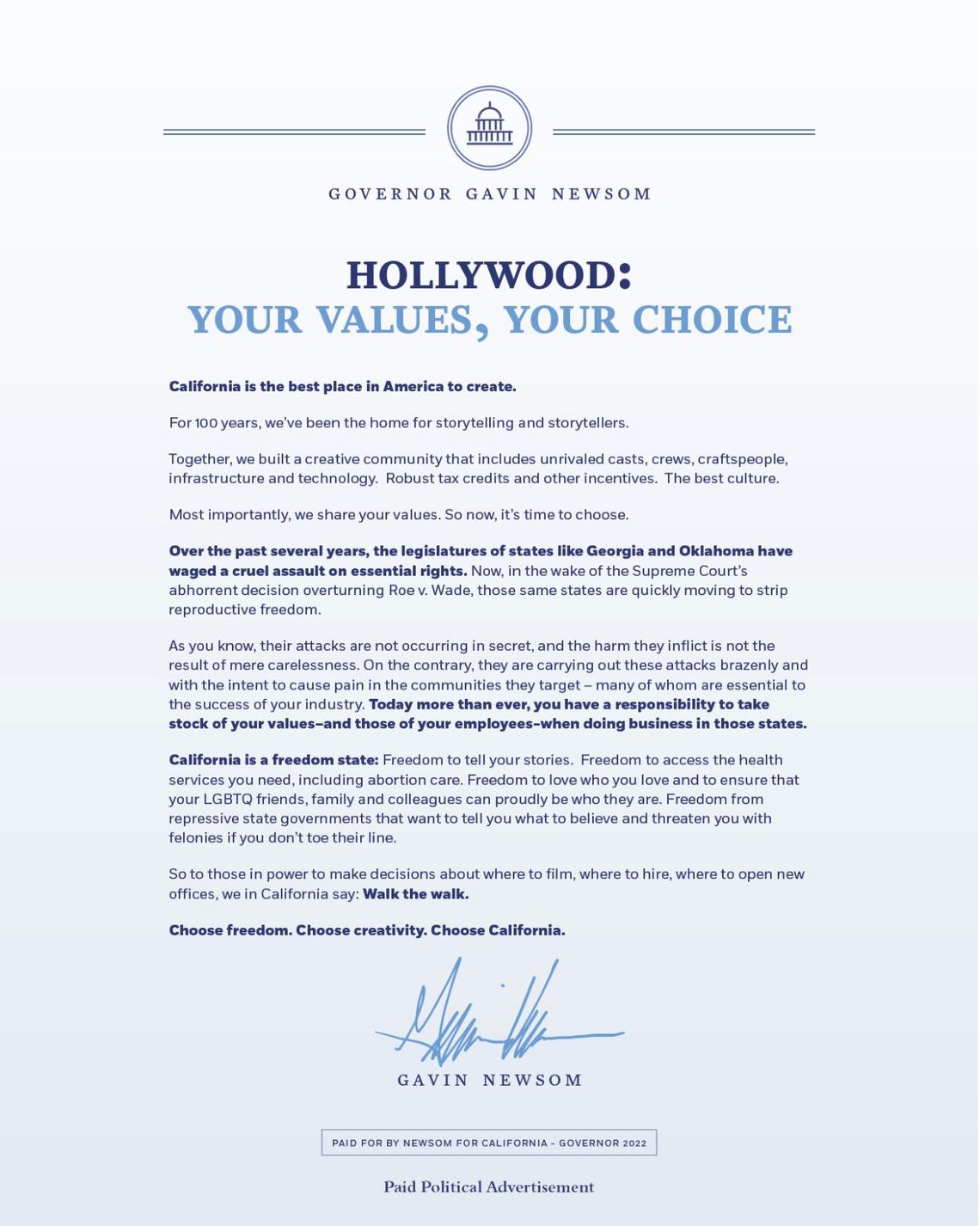 Gov. Gavin Newsom’s campaign ran an ad in Variety magazine encouraging filmmakers to located in California and avoid other states based on their anti-abortion policies.