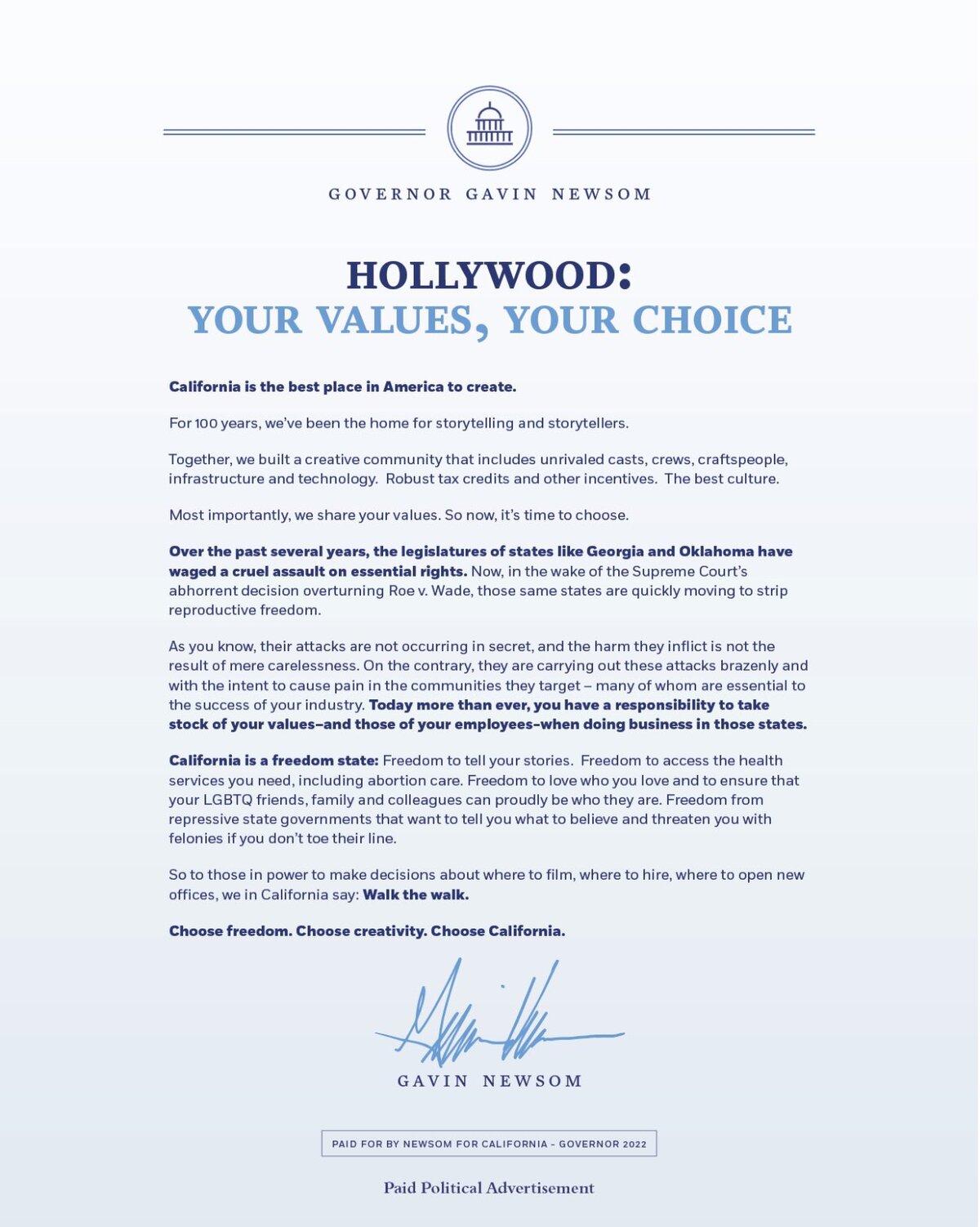 Gov. Gavin Newsom’s campaign ran an ad in Variety magazine encouraging filmmakers to located in California and avoid other states based on their anti-abortion policies.