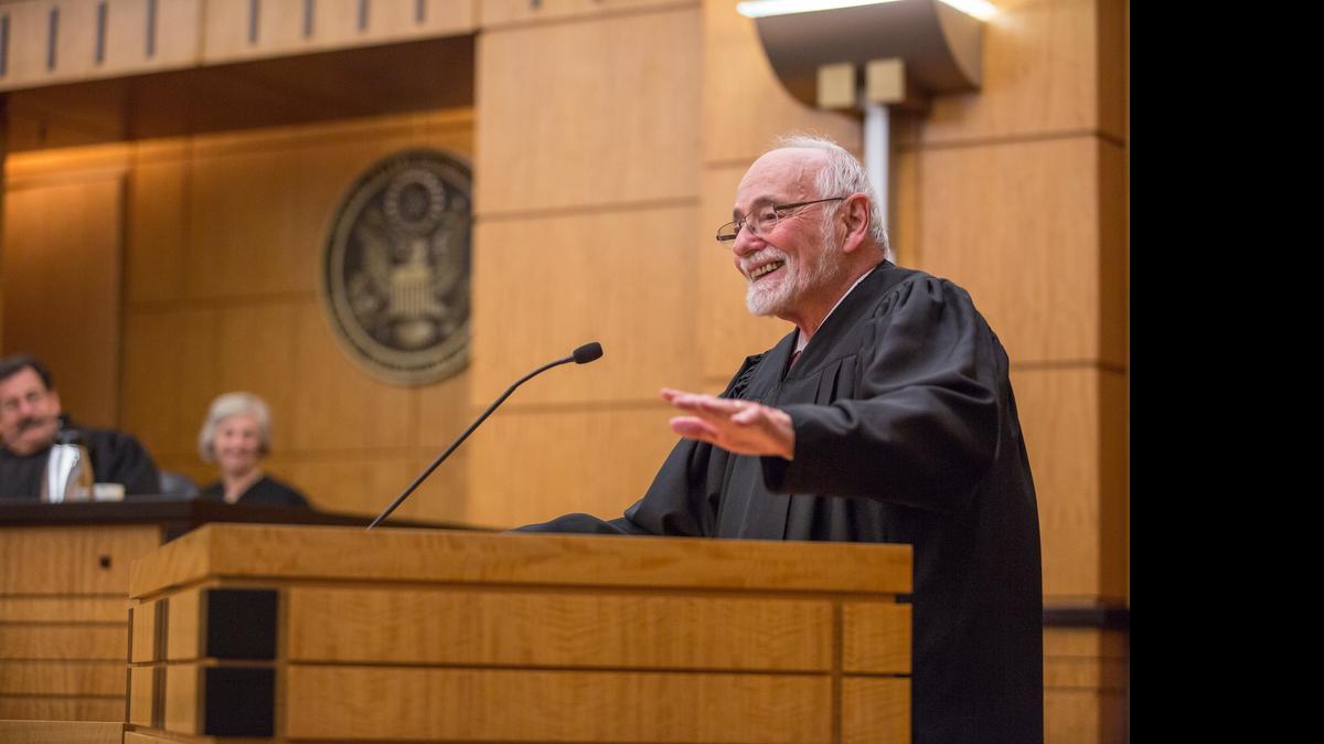 
U.S. District Judge Lawrence K. Karlton thanks a crowd of friends and colleagues during a celebration of his retirement Friday, September 26, 2014 at the Robert T. Matsui U.S. Courthouse in Sacramento, Calif.
