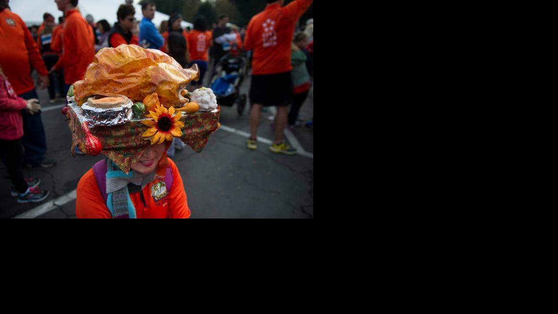 Hillary Sunada has had her turkey dinner hat for five years and proudly wears it Thursday for Sacramento’s Run to Feed the Hungry. The event helps finance the Sacramento Food Bank & Family Services.