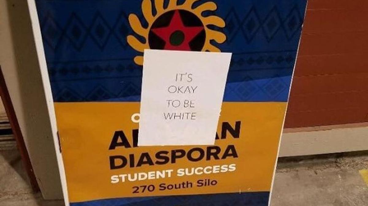 Fliers reading “It’s okay to be white” have been posted at a number of college campus across the country since Oct. 31. This flier was posted Nov. 4 on a black student organization sign board at UC Davis.