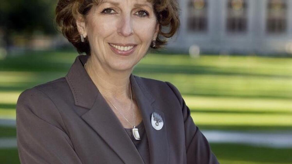 Linda Katehi poses on the campus of University of Illinois at Urbana-Champaign in 2009, the year she was hired to be chancellor of UC Davis.