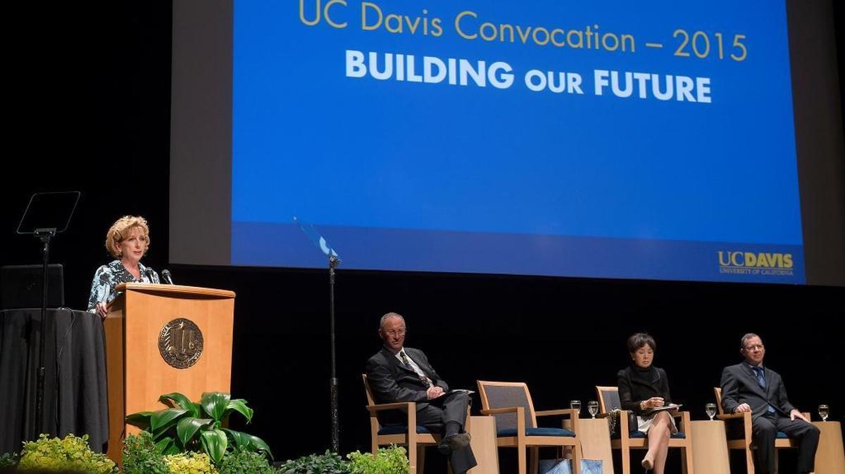
UC Davis Chancellor Linda P.B. Katehi speaks during the UC Davis Convocation event at the Mondavi Center at UC Davis on Tuesday, Sept. 22, 2015. UC Davis Chancellor Linda P.B. Katehi presided at this ceremonial start to the new year, a welcoming forum for students, faculty and staff, community members and other UC Davis friends. This year’s topic: “Building Our Future” - making sure UC Davis is always at the forefront in addressing the needs of society, at home, around the nation and around the world. Katehi is joined on the speakers program by Rep. Doris Matsui of Sacramento, Harris Lewin, vice chancellor, Office of Research, Andre Knoesen, chair, Academic Senate, and Michael Lairmore, dean, School of Veterinary Medicine.
