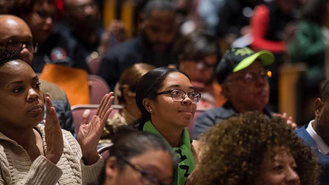 Rachael Francois listens to community members speak during a meeting at Sheldon High School in Elk Grove in 2018. The meeting was called after the Pleasant Grove High School senior went public about racially charged incidents at the school.