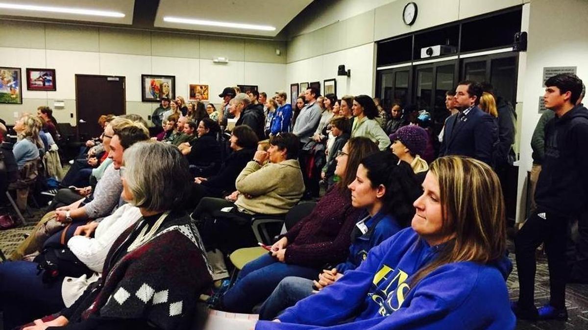 An overflow crowd attends a Jan. 19, 2017 Folsom Cordova Unified School District board meeting to speak about Sutter Middle School history teacher Woody Hart. Hart resigned that day after controversial incidents in his classroom. Most parents came to support Hart at the meeting.