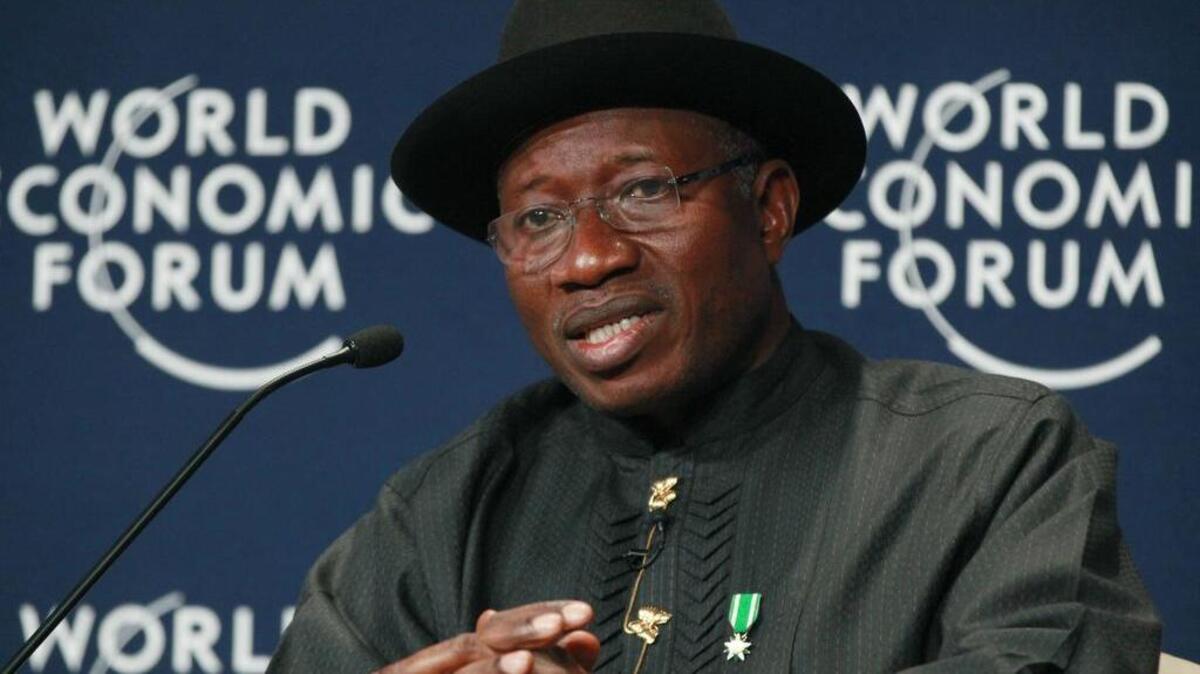 FILE - In this Thursday, May 8, 2014 file photo, Nigeria President Goodluck Jonathan speaks during the World Economic Forum on Africa in Abuja, Nigeria.