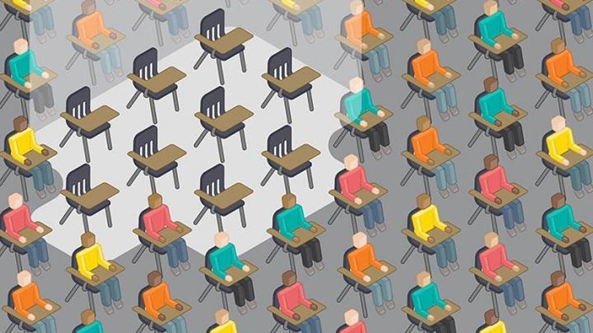 This is an artist's depiction of the estimated 10.4 percent of secondary school students in California who report missing school because they feel unsafe there. Absences such as these cost the state an estimated $276 million annually, and many of the cases involve bias against students for their race, ethnicity, religion, gender, disability or sexual orientation.