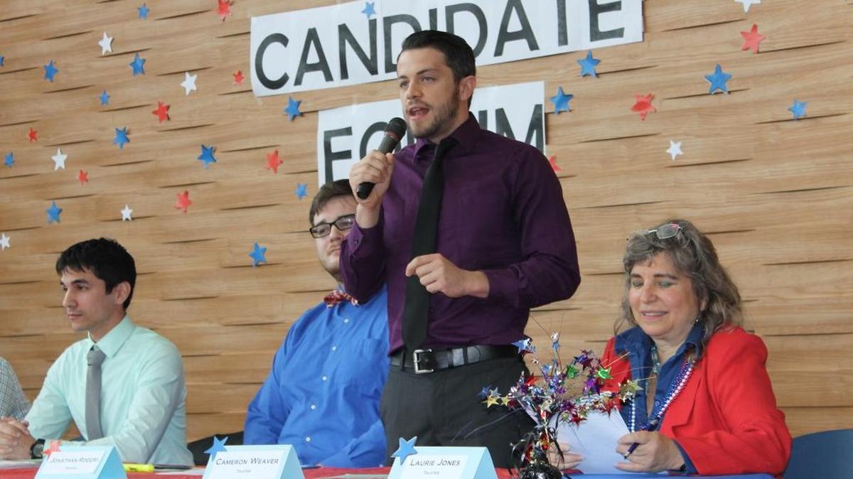 
Los Rios Community College student trustee Cameron Weaver speaks at a candidate forum. Weaver questioned the number of deaths in the Holocaust in an interview with a campus newspaper.
