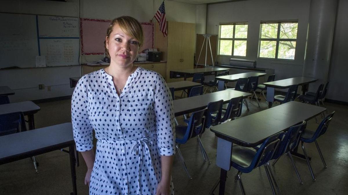 Mary Rodriguez a special education teacher an swim coach at Hiram Johnson High School in a class room she shares with another teacher on Thursday. As funding grows following years of budget cuts, California school districts are increasing expenditures for school administrator pay faster than they are raising spending for teacher pay, according to a Bee review of state financial data.
