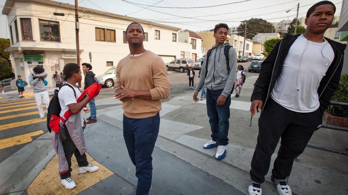 Principal Charleston Brown oversees dismissal at Willie L. Brown Jr. Middle School in San Francisco’s Bayview neighborhood. His black students struggle to pass state tests in reading and math.