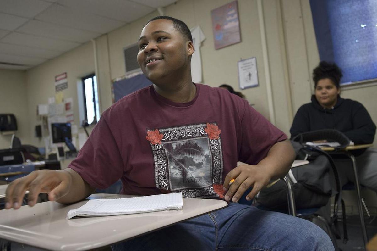 International Baccalaureate (IB) high school student Tremaine Newton 17 in class at Luther Burbank High School in Sacramento on Thursday, February 8, 2018. In a high school with 22% African American students, only 12 % of black kids are in the IB program.