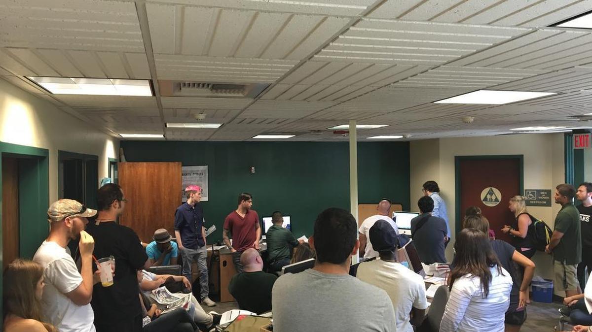 Staff meeting at the State Hornet newsroom in the University Union. Sept 1, 2016.