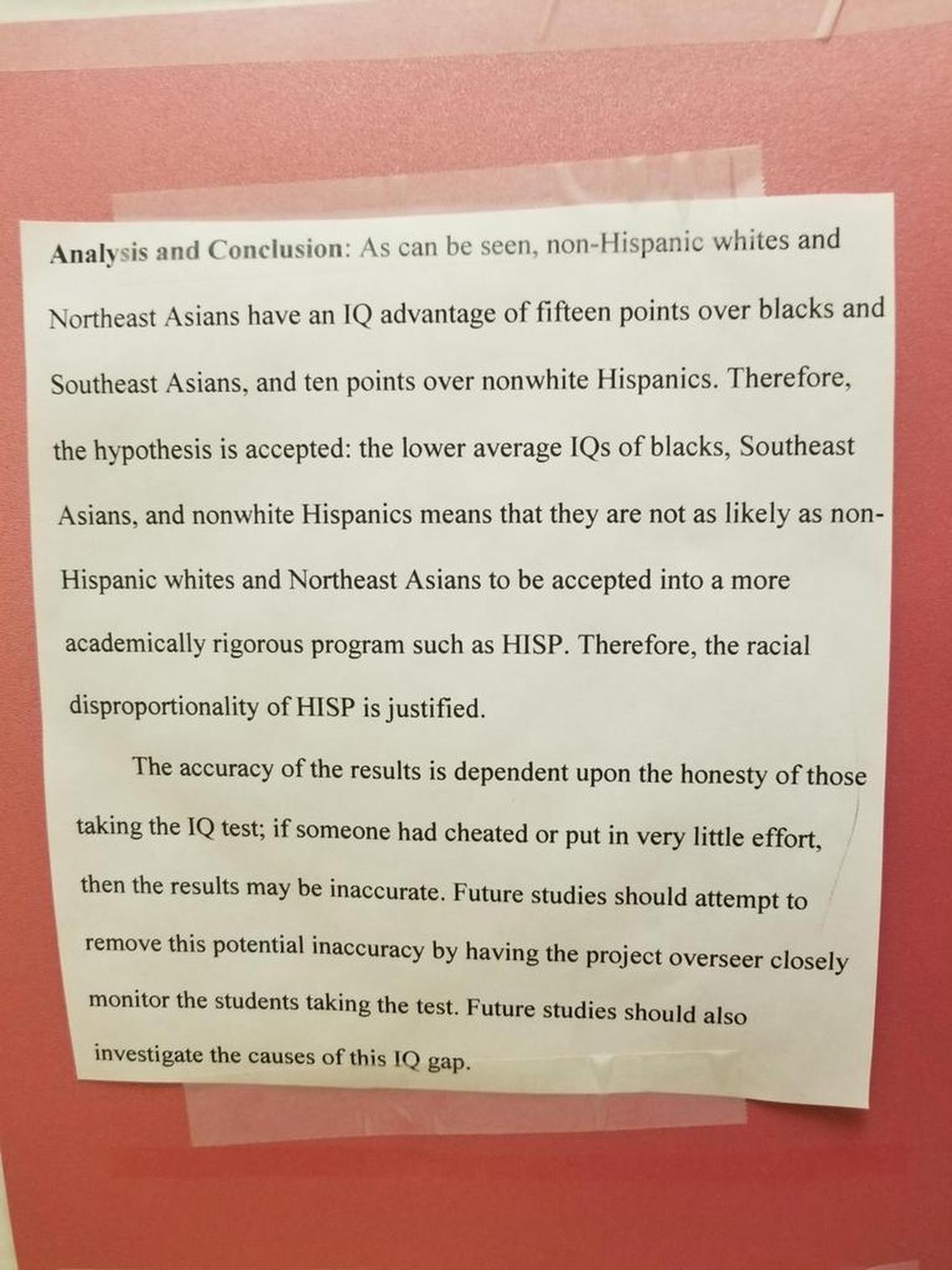 Photo of the science fair project that has caused an uproar at C.K. McClatchy High School in Sacramento