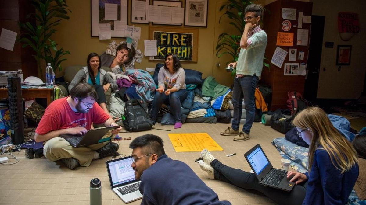 A group of UC Davis students, aiming to see Chancellor Linda P.B. Katehi fired, occupy the area outside her office in March on the fifth floor of Mrak Hall. The group occupied the area beginning March 11, even sleeping there over their spring break.