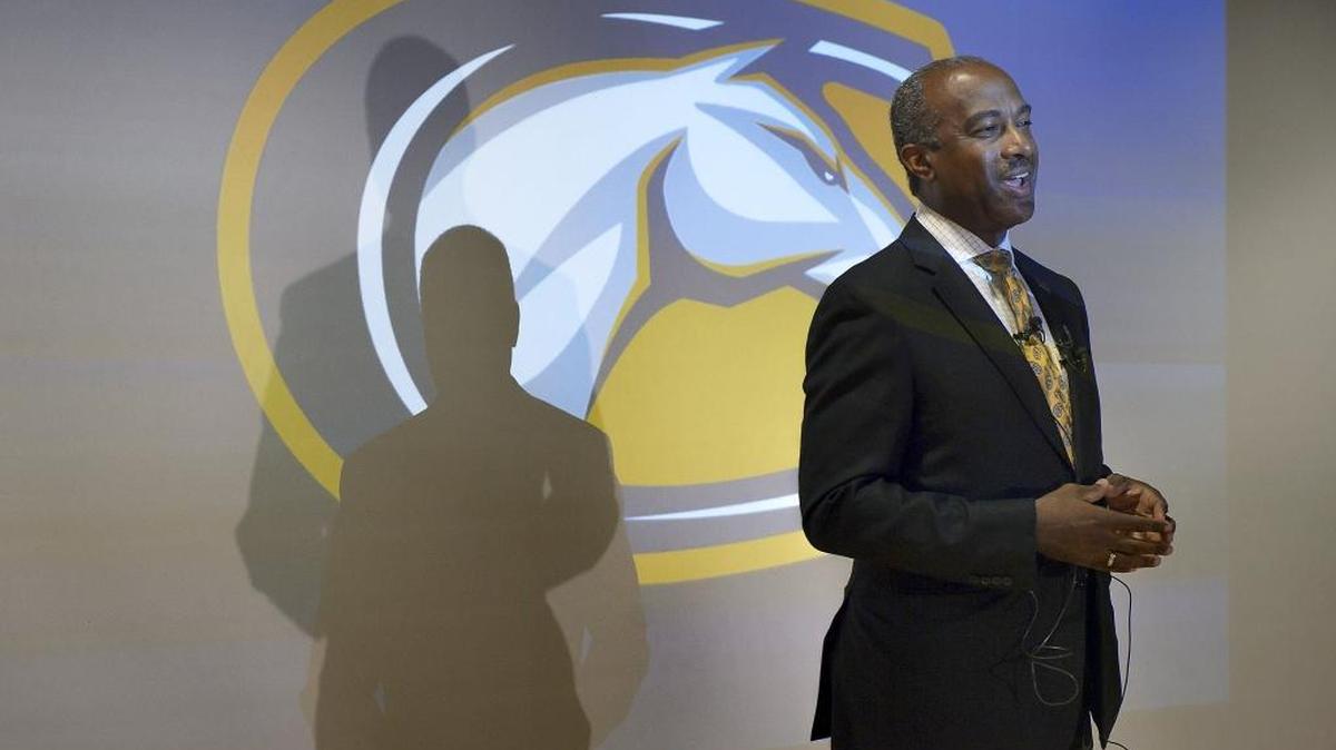 UC Davis Chancellor Gary S. May speaks to members of the press during a press event at UC Davis in Davis in 2017.
