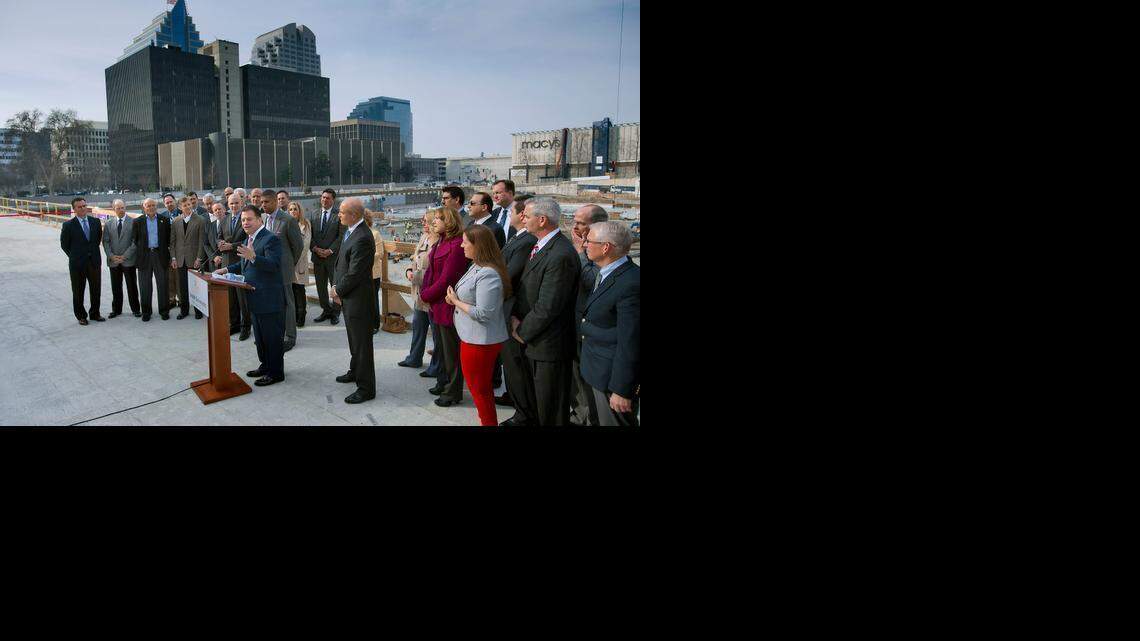 
Barry Broome, president and CEO of the new Greater Sacramento Area Economic Council,  speaks  during the formal launching of  Greater Sacramento, the successor to SACTO. The press event was held Wednesday at the arena construction site, with the mayor and other local dignitaries.
