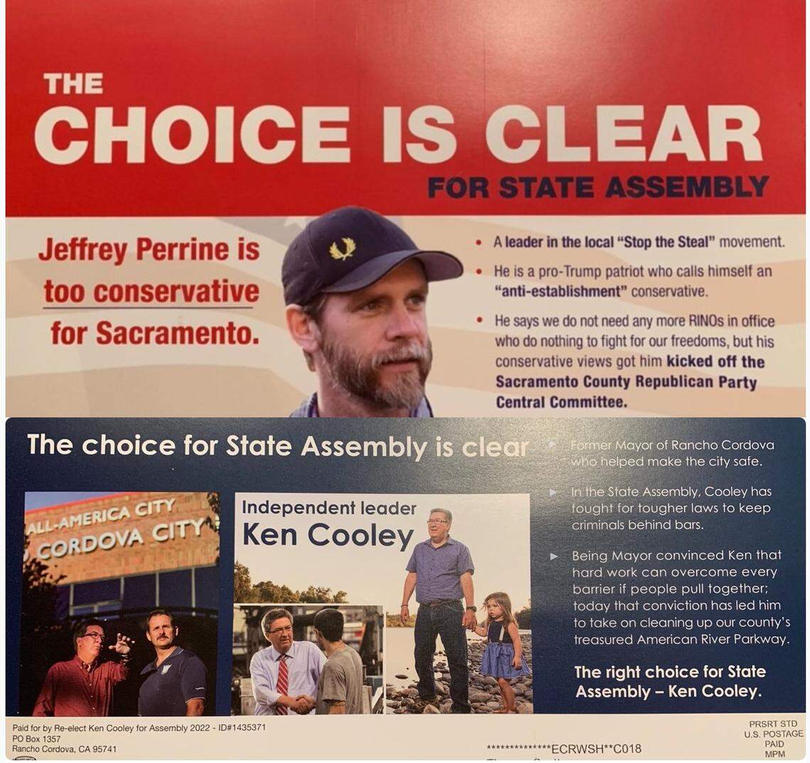 A mailer Assemblyman Ken Cooley, D-Rancho Cordova, sent ahead of the June 2022 primary contrasts the lawmaker with Jeffrey Perrine, a Citrus Heights resident and Proud Boys member.