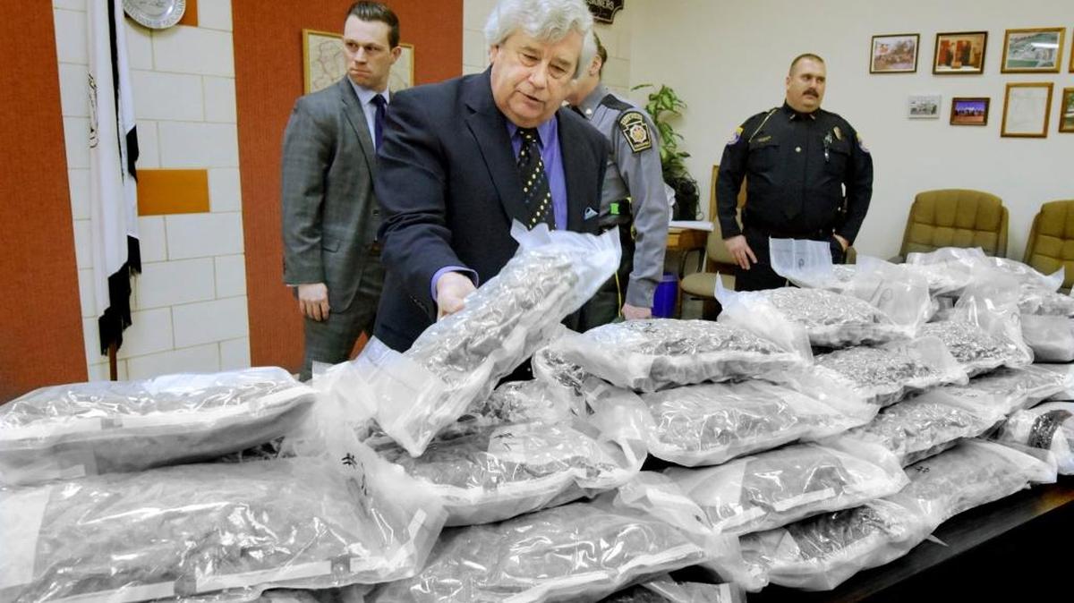 York County, Pa., District Attorney Tom Kearney examines seized marijuana Monday, Jan. 4, 2016, at an announcement of arrests in a drug-trafficking case. Three California men, including a deputy with the Yuba County Sheriff’s Office, were arrested Dec. 29 with 247 pounds of marijuana that was confiscated along with two vehicles, $11,000 in cash and the deputy’s service firearm.
