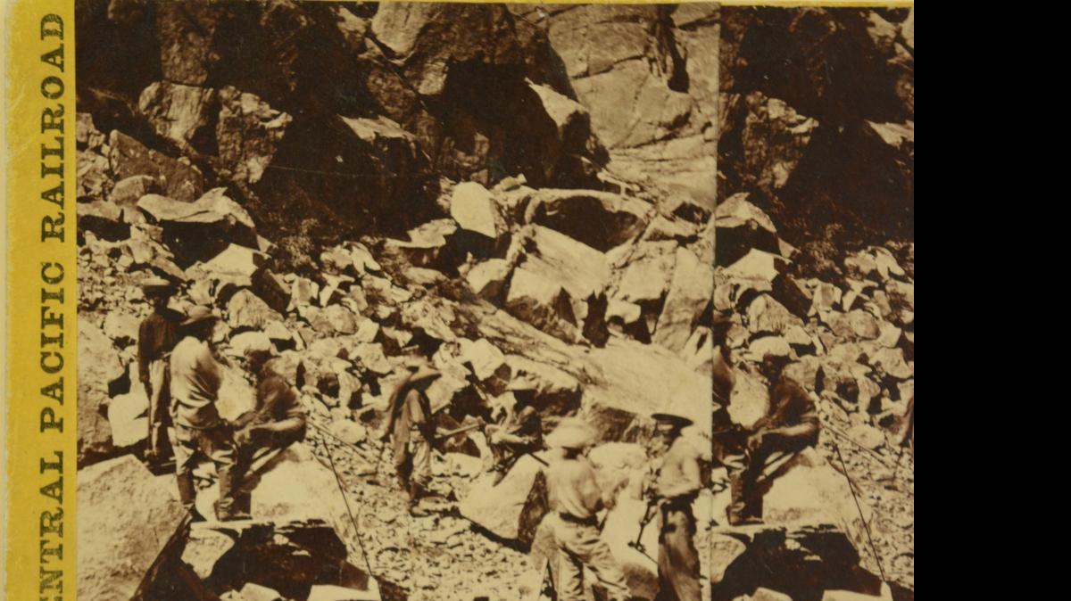 
California railroad construction relied on Chinese workers, seen moving granite near the opening of Summit Tunnel. When asked if Chinese could do the tough physical jobs, contractor Charles Crocker said, “They built the Great Wall of China, didn’t they?” 
