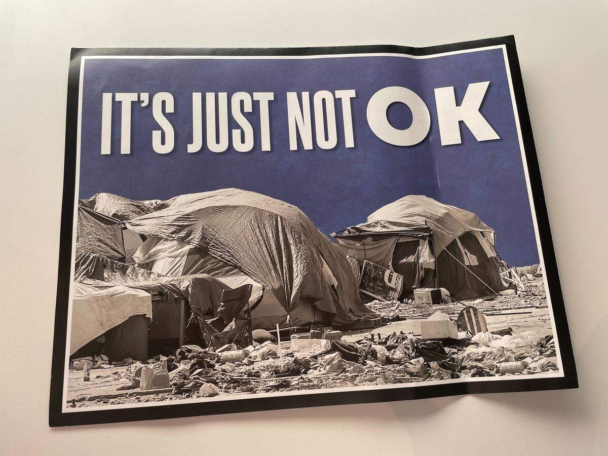 A mailer from Assembly District 10 candidate Eric Guerra shows a Sacramento homeless encampment under the words ‘It’s just not OK.’ Guerra, a Sacramento City Councilman, is running for state office against Elk Grove City Councilwoman Stephanie Nguyen.