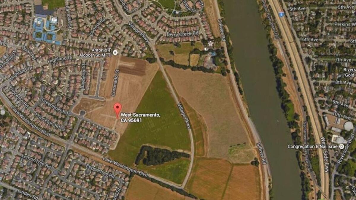 
This Google Earth map shows where a construction crew unearthed a skull in a field at Blue Rock Road and Bayside Way.
