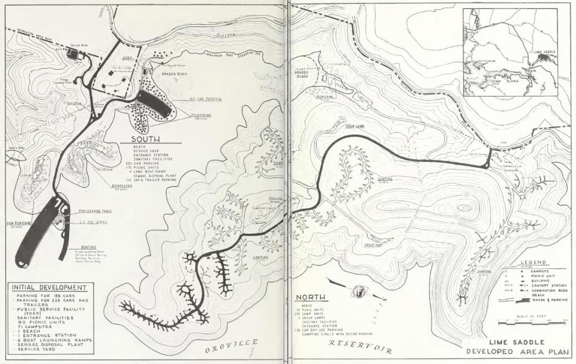 A 1966 site plan for the Lime Saddle camping area shows 295 camp sites. Only 45 were built.