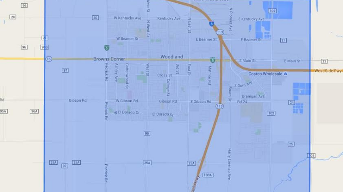 The map shows an area, including the city of Woodland, where West Nile virus activity is of particular concern.
